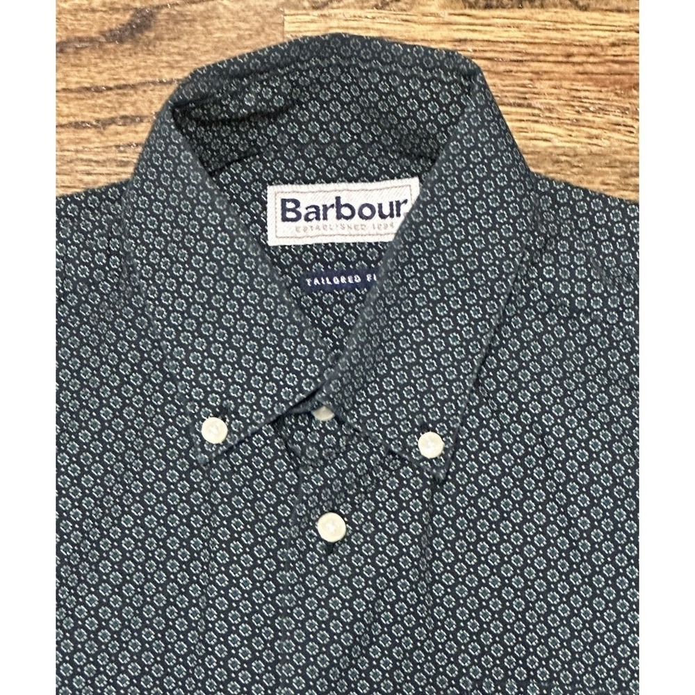 Barbour Tailored Fit Geometric Floral Long Sleeve Button Down Shirt Blue Sz S